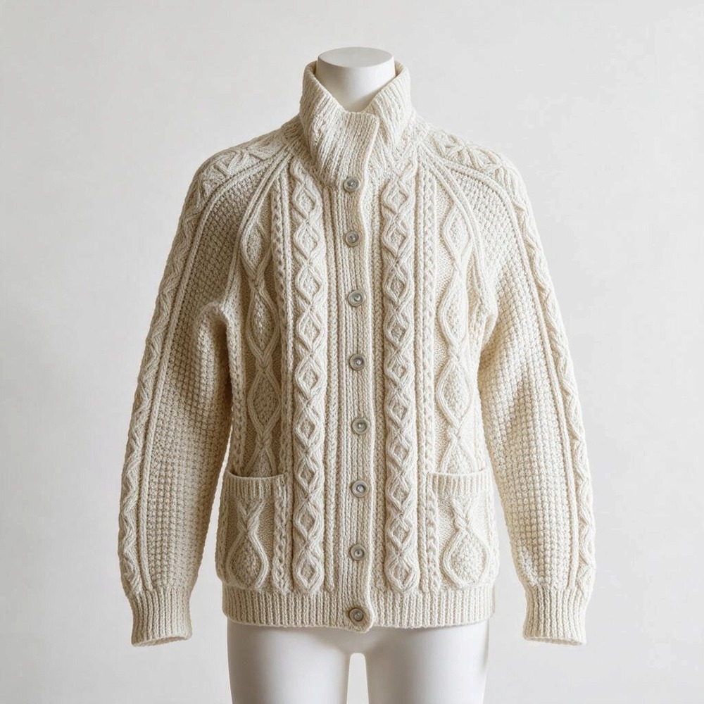 Vintage Hand Knit Irish Aran Fisherman Wool Cardigan Unisex M Cream Excellent